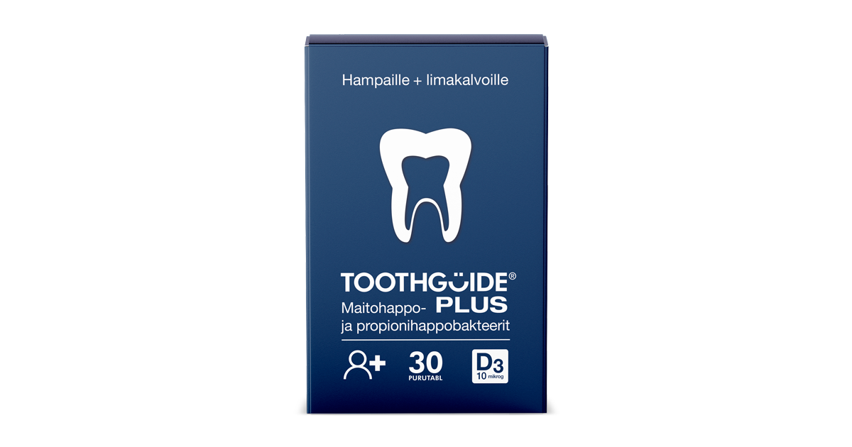 ToothGuidePLUS-purutablettipakkaus-maitohappobakteerilisä-hampaille-ja-ikenille