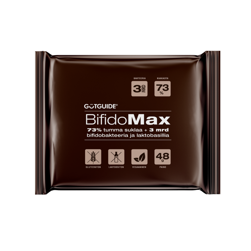 Kuvassa BifidoMAX-suklaan pakkaus, jossa lukee 73% tummaa suklata ja 3 miljardia bifidobakteeria ja laktobasillia.