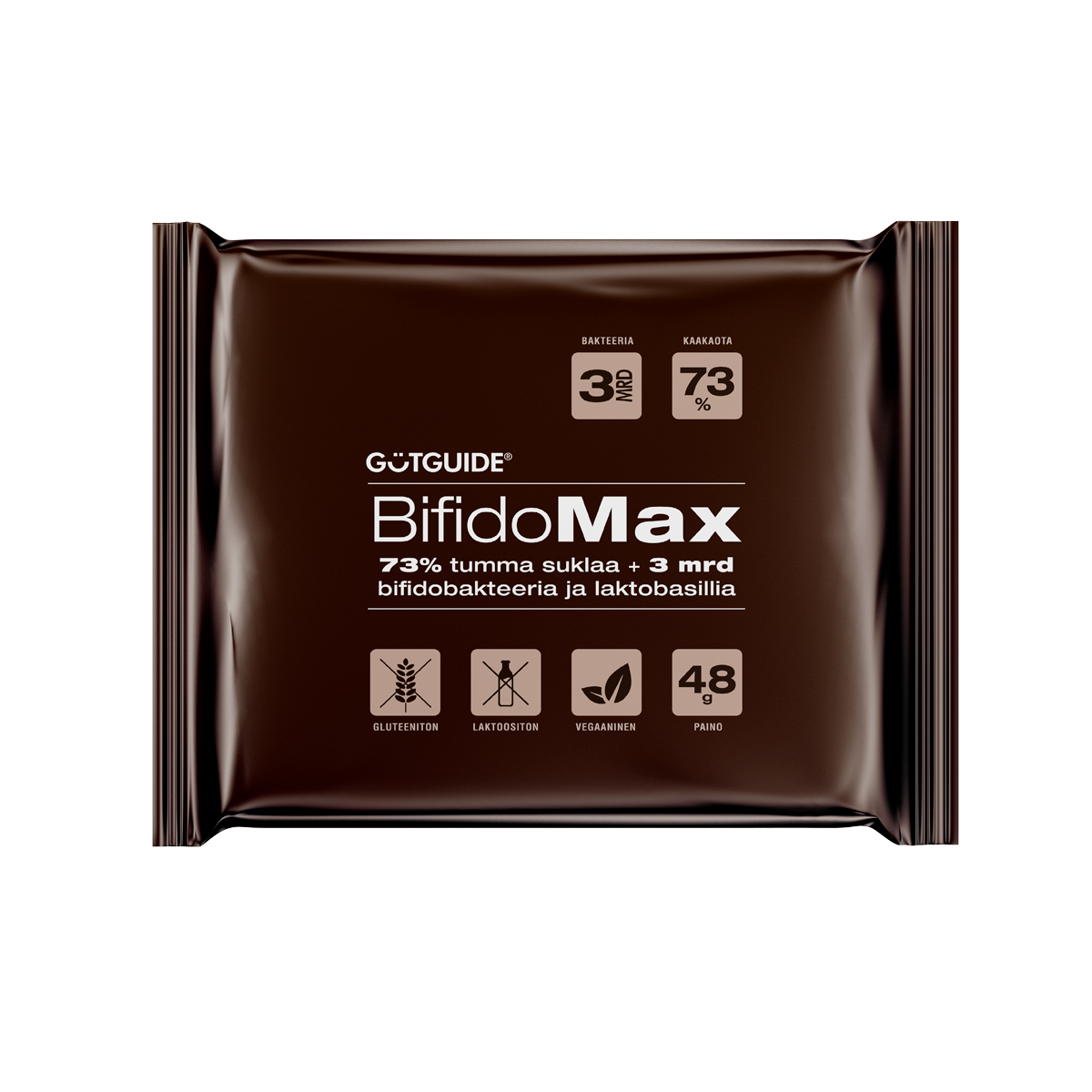 Kuvassa BifidoMAX-suklaan pakkaus, jossa lukee 73% tummaa suklata ja 3 miljardia bifidobakteeria ja laktobasillia.
