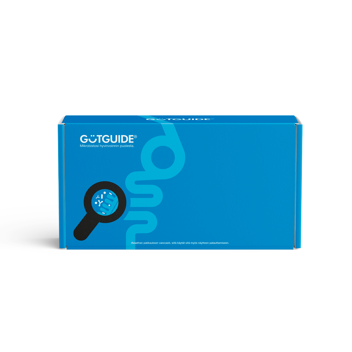 Kuvassa suolistomikrobistoanalyysin testipakkaus. Pakkauksessa on kuvituskuva suolistosta, jonka päällä on suurennuslasi. Suurennuslasissa näkyy suolinukkaa ja erilaisia suolistobakteereja