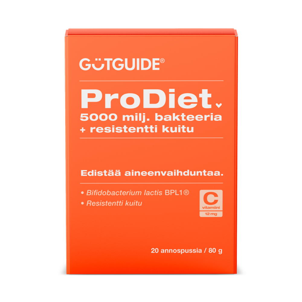 Kuvassa ProDiet-bakteerilisän pakkaus, jossa lukee 500 miljoonaa bakteeria + resistentti kuitu, 12 mg c-vitamiinia ja edistää aineenvaihduntaa.