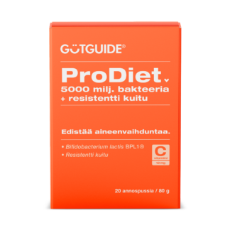 Kuvassa ProDiet-bakteerilisän pakkaus, jossa lukee 500 miljoonaa bakteeria + resistentti kuitu, 12 mg c-vitamiinia ja edistää aineenvaihduntaa.