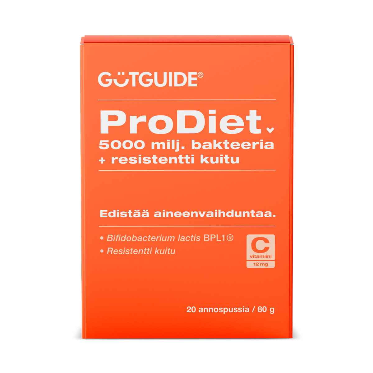 Kuvassa ProDiet-bakteerilisän pakkaus, jossa lukee 500 miljoonaa bakteeria + resistentti kuitu, 12 mg c-vitamiinia ja edistää aineenvaihduntaa.
