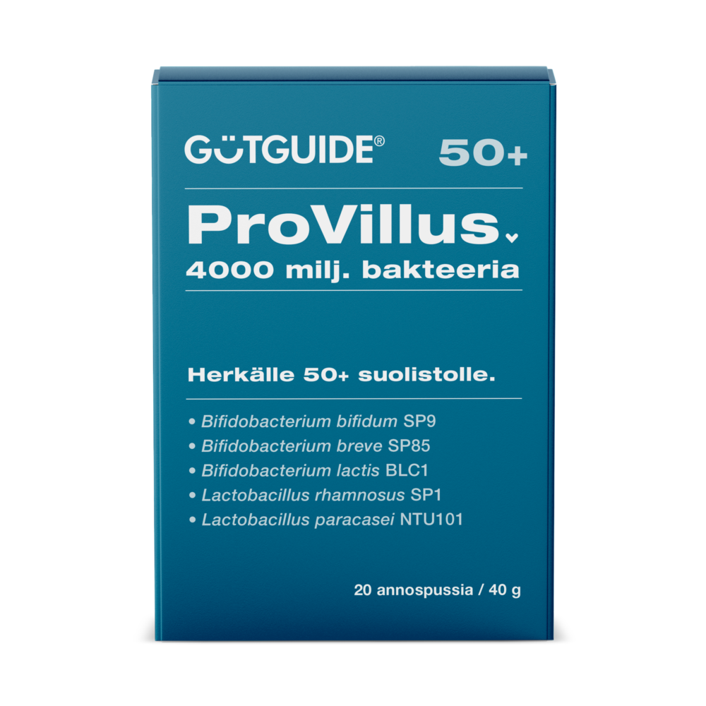 GutGuide-ProVillus50+-bakteerilisän kotelo, jossa lukee, että tuote sisältää 4000 miljoonaa bifodibakteeria.