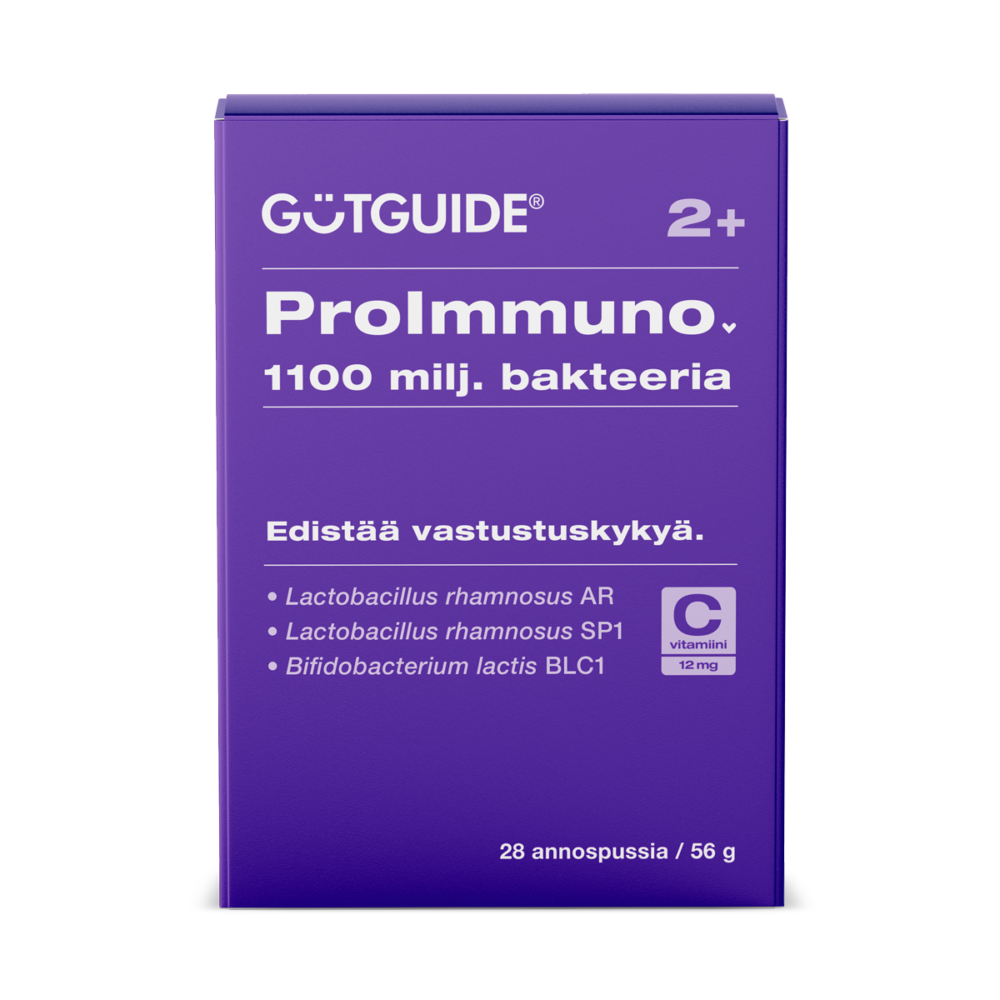 ProImmuno-bakteerilisän pakkaus, jossa lukee 1100 miljoonaa bakteeria, 12 mg c-vitamiinia ja edistää vastustuskykyä.