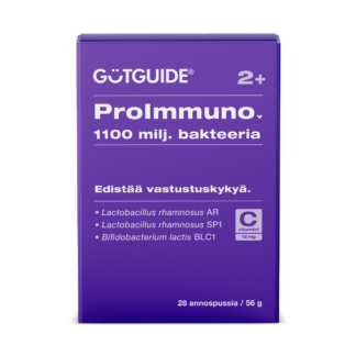 ProImmuno-bakteerilisän pakkaus, jossa lukee 1100 miljoonaa bakteeria, 12 mg c-vitamiinia ja edistää vastustuskykyä.