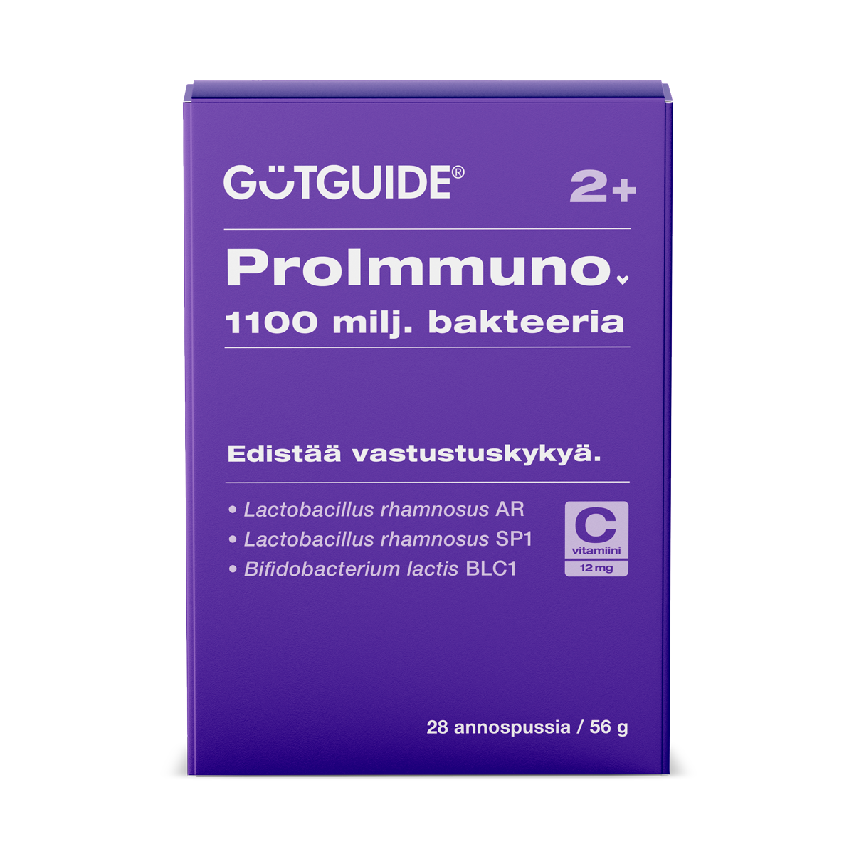 ProImmuno-bakteerilisän pakkaus, jossa lukee 1100 miljoonaa bakteeria, 12 mg c-vitamiinia ja edistää vastustuskykyä.