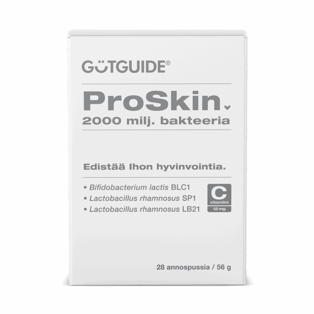 Kuva ProSkin-bakteerilisän pakkauksesta, jossa lukee 2000 miljoonaa bakteeria, 12 mg C-vitamiinia ja edistää ihon hyvinvointia.