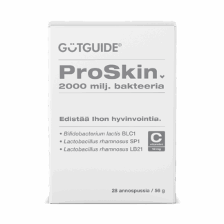 Kuva ProSkin-bakteerilisän pakkauksesta, jossa lukee 2000 miljoonaa bakteeria, 12 mg C-vitamiinia ja edistää ihon hyvinvointia.