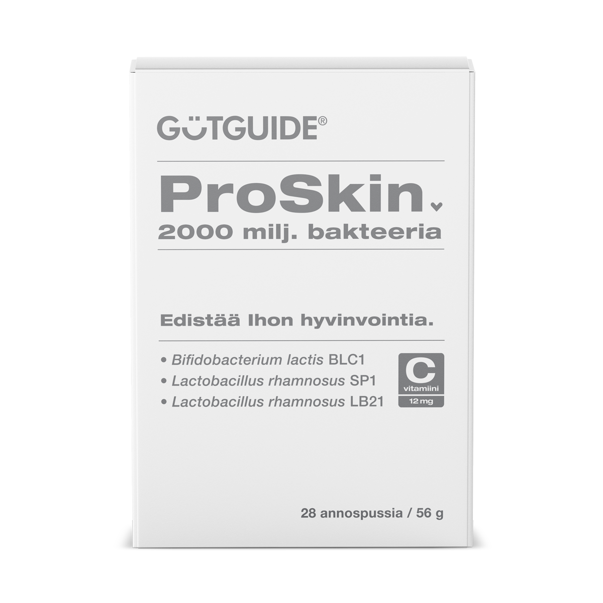 Kuva ProSkin-bakteerilisän pakkauksesta, jossa lukee 2000 miljoonaa bakteeria, 12 mg C-vitamiinia ja edistää ihon hyvinvointia.