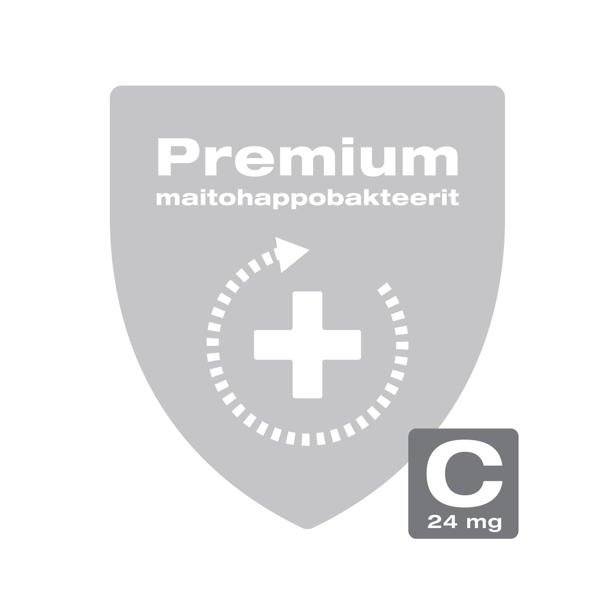 Harmaa kilpi, jossa lukee premium maitohappobakteerit.