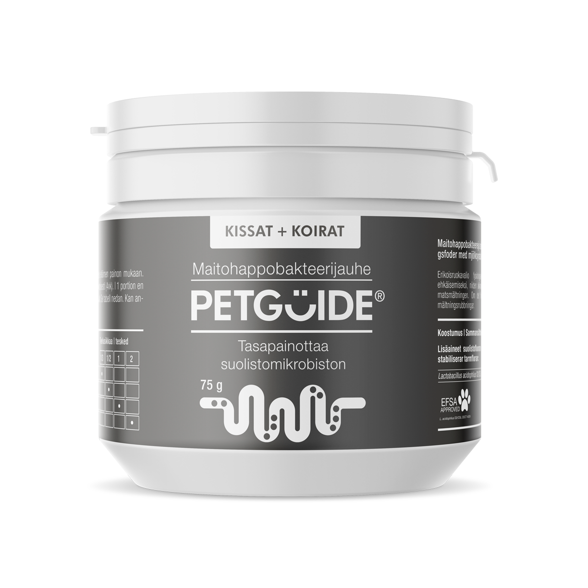 PetGuide-maitohappobakteerijauhe-purkki-tasapainottaa suolistomikrobisto