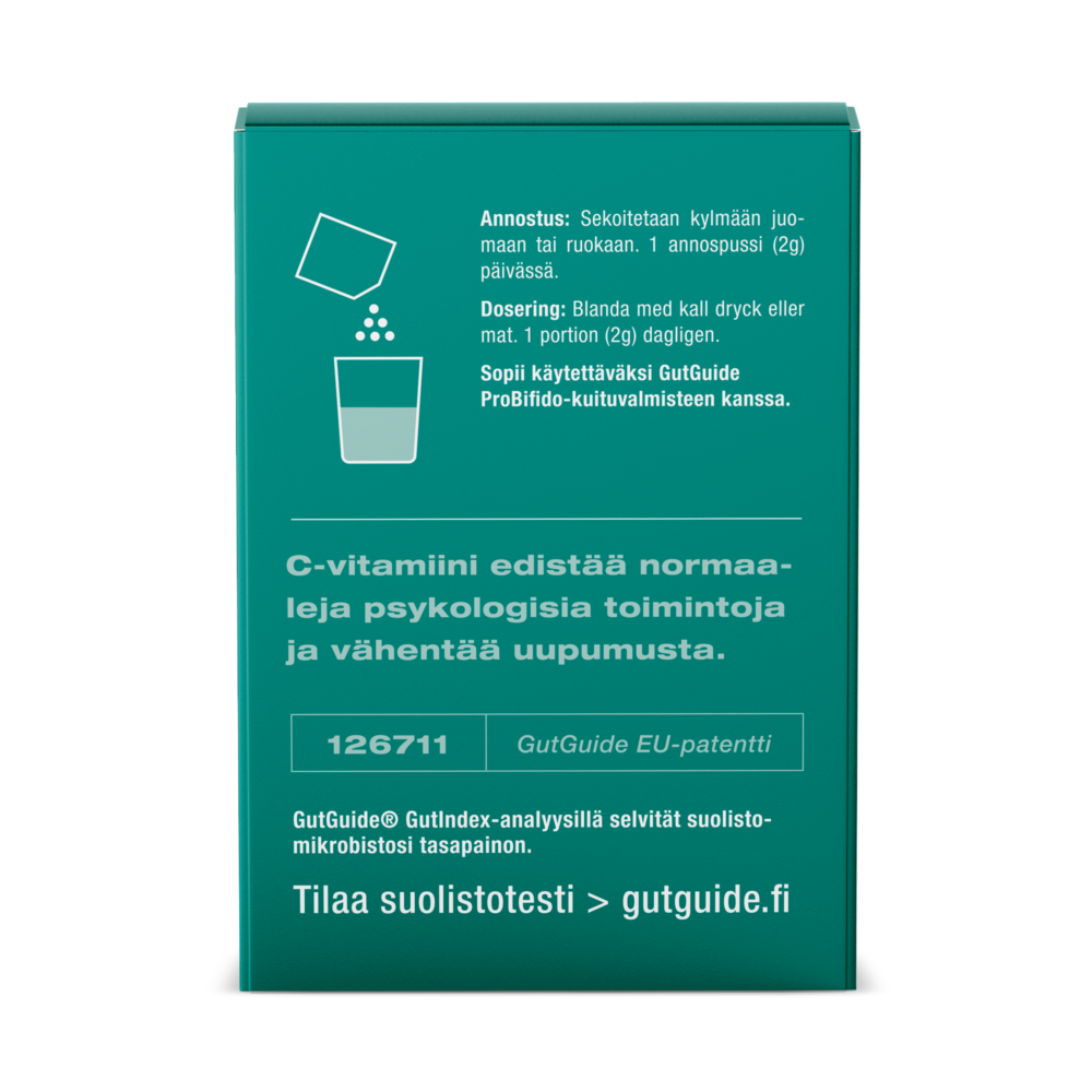 GutGuide-ProMood-bakteerilisä-pakkauksen-takapuoli-c-vitamiini-edistää-normaaleja-psykologoisia-toimintoja-ja-vähentää-uupumusta