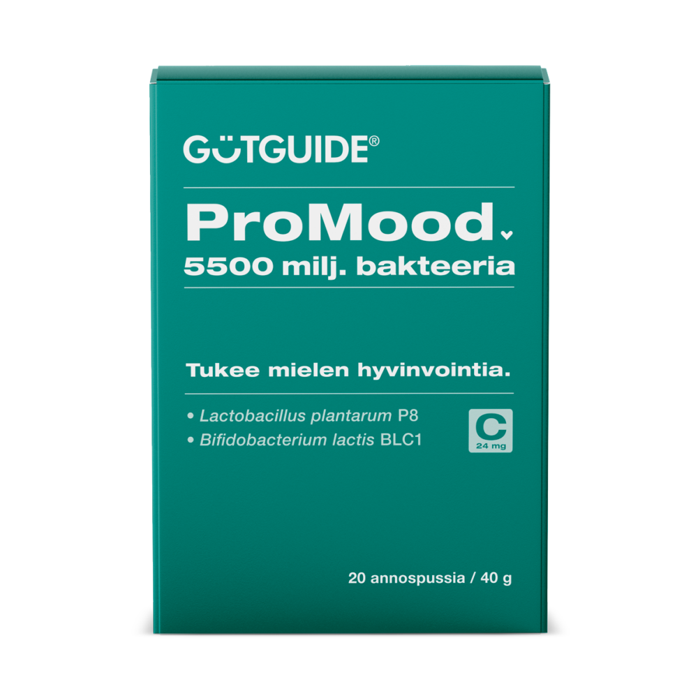 Kuvassa on ProMood-bakteerilisä pakkaus. Kotelo on vihreä ja siinä lulee 5500 miljoonaa bakteeria sekä "tukee mielen hyvinvointia".