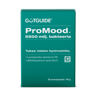 Kuvassa on ProMood-bakteerilisä pakkaus. Kotelo on vihreä ja siinä lulee 5500 miljoonaa bakteeria sekä 
