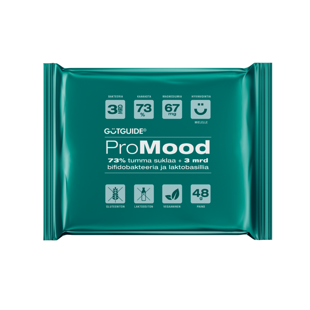 Kuvassa ProMood-suklaan pakkaus, jossa lukee 73% tummaa suklata ja 3 miljardia bifidobakteeria ja laktobasillia.