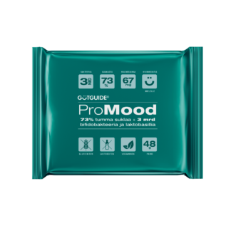 Kuvassa ProMood-suklaan pakkaus, jossa lukee 73% tummaa suklata ja 3 miljardia bifidobakteeria ja laktobasillia.