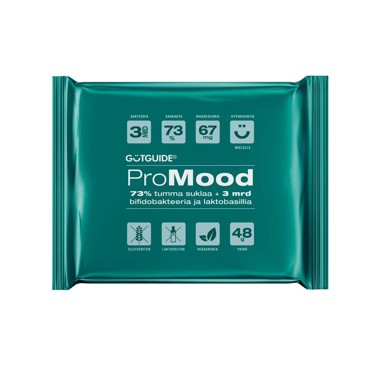 Kuvassa ProMood-suklaan pakkaus, jossa lukee 73% tummaa suklata ja 3 miljardia bifidobakteeria ja laktobasillia.